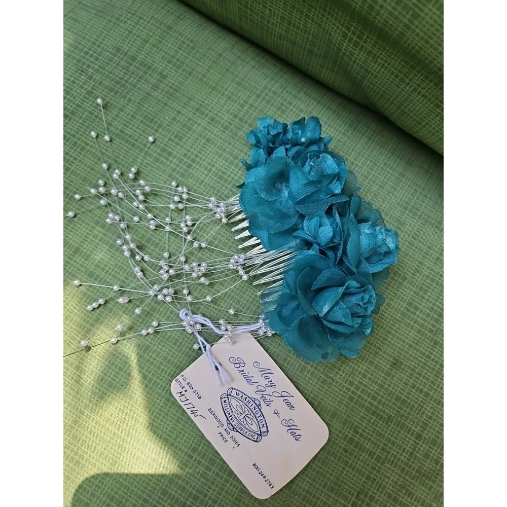 Vintage Hair Comb Teal Flowers Pearls‎ Spray Headpiece Formal Wedding Y2K